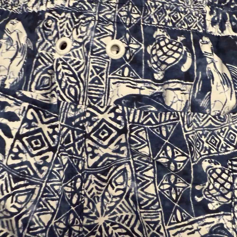 Lands’ End Mens ‎ 9” Volley Swim Trunks Shorts Navy Fish Block Print Sz XL